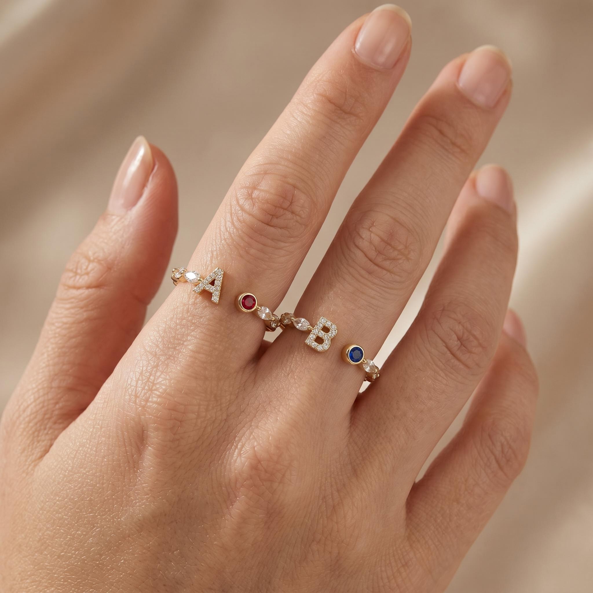 Custom Initial Letters with Birthstone Marquise Cut Women's Band