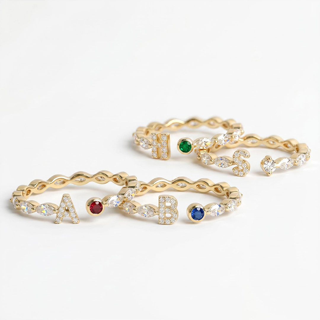 Custom Initial Letters with Birthstone Marquise Cut Women's Band Custom Initial Letters with Birthstone Marquise Cut Women's Band