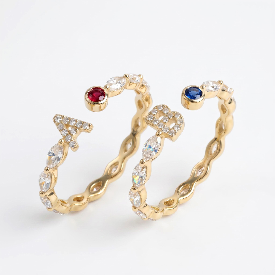 Custom Initial Letters with Birthstone Marquise Cut Women's Band Custom Initial Letters with Birthstone Marquise Cut Women's Band