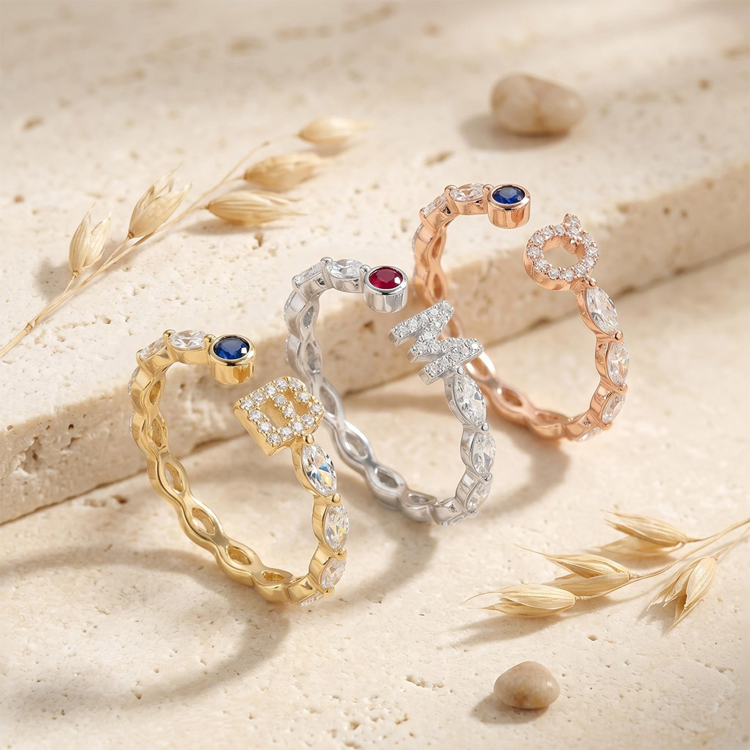Custom Initial Letters with Birthstone Marquise Cut Women's Band Custom Initial Letters with Birthstone Marquise Cut Women's Band