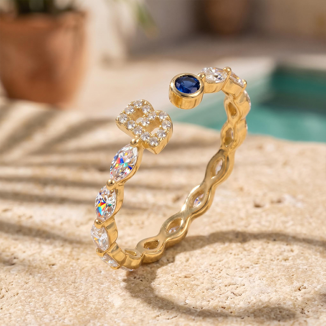 Custom Initial Letters with Birthstone Marquise Cut Women's Band Custom Initial Letters with Birthstone Marquise Cut Women's Band