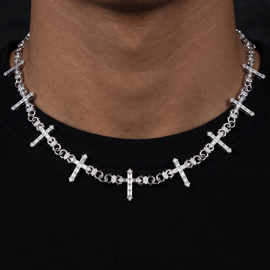 Iced-Out Baguette & Marquise Cut Thorn Cross Chain
