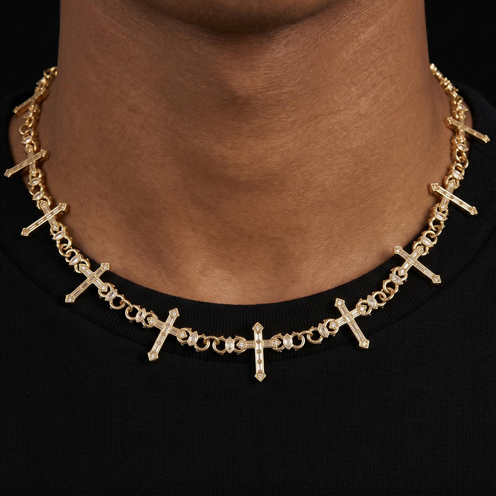 Iced-Out Baguette & Marquise Cut Thorn Cross Chain