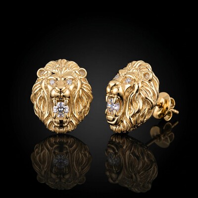 Iced Roaring Lion Stud Earrings