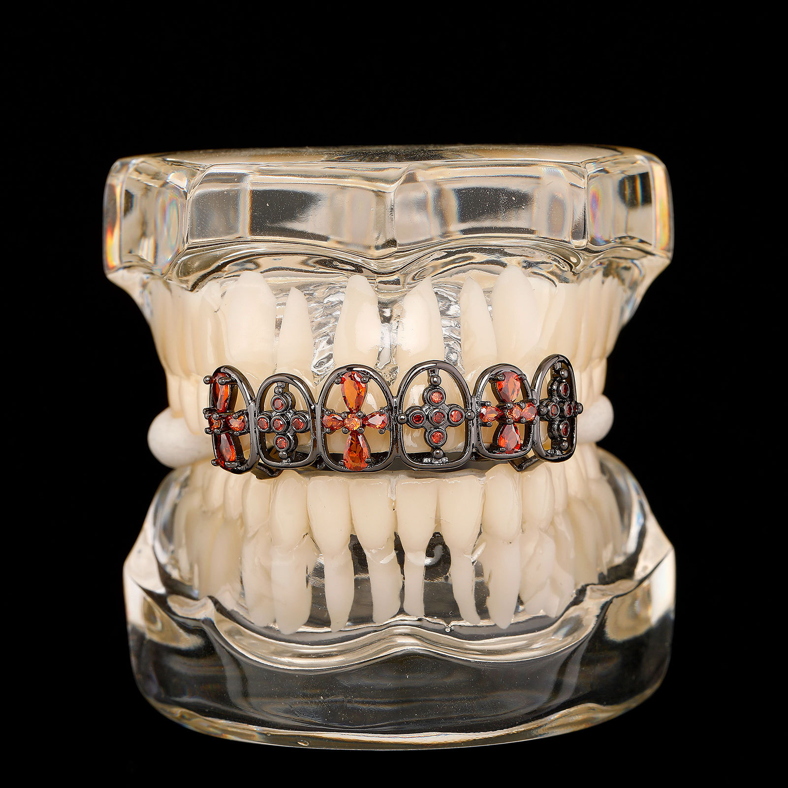 Iced Out Red Cross Grillz in Black Gold Iced Out Red Cross Grillz in Black Gold