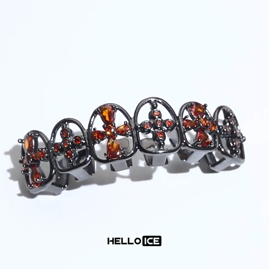 Iced Out Red Cross Grillz in Black Gold Iced Out Red Cross Grillz in Black Gold