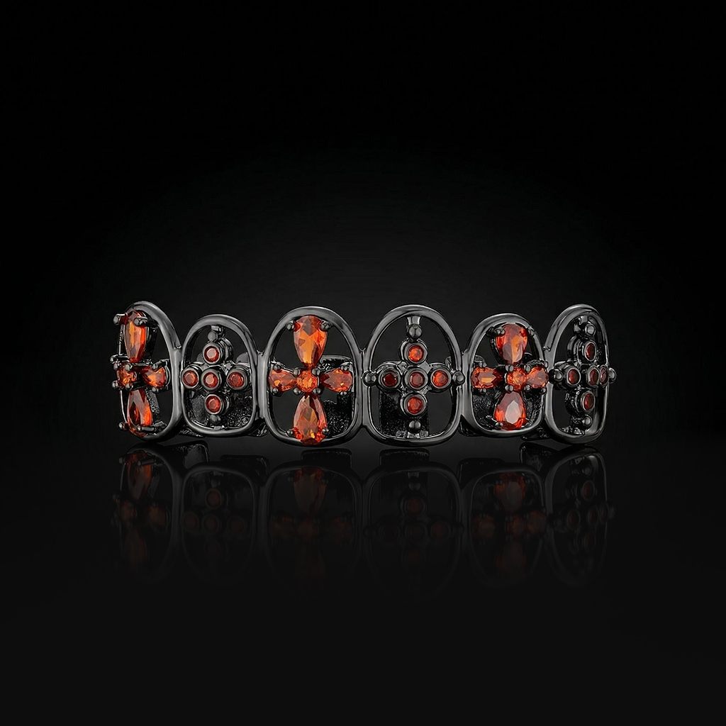 Iced Out Red Cross Grillz in Black Gold Iced Out Red Cross Grillz in Black Gold