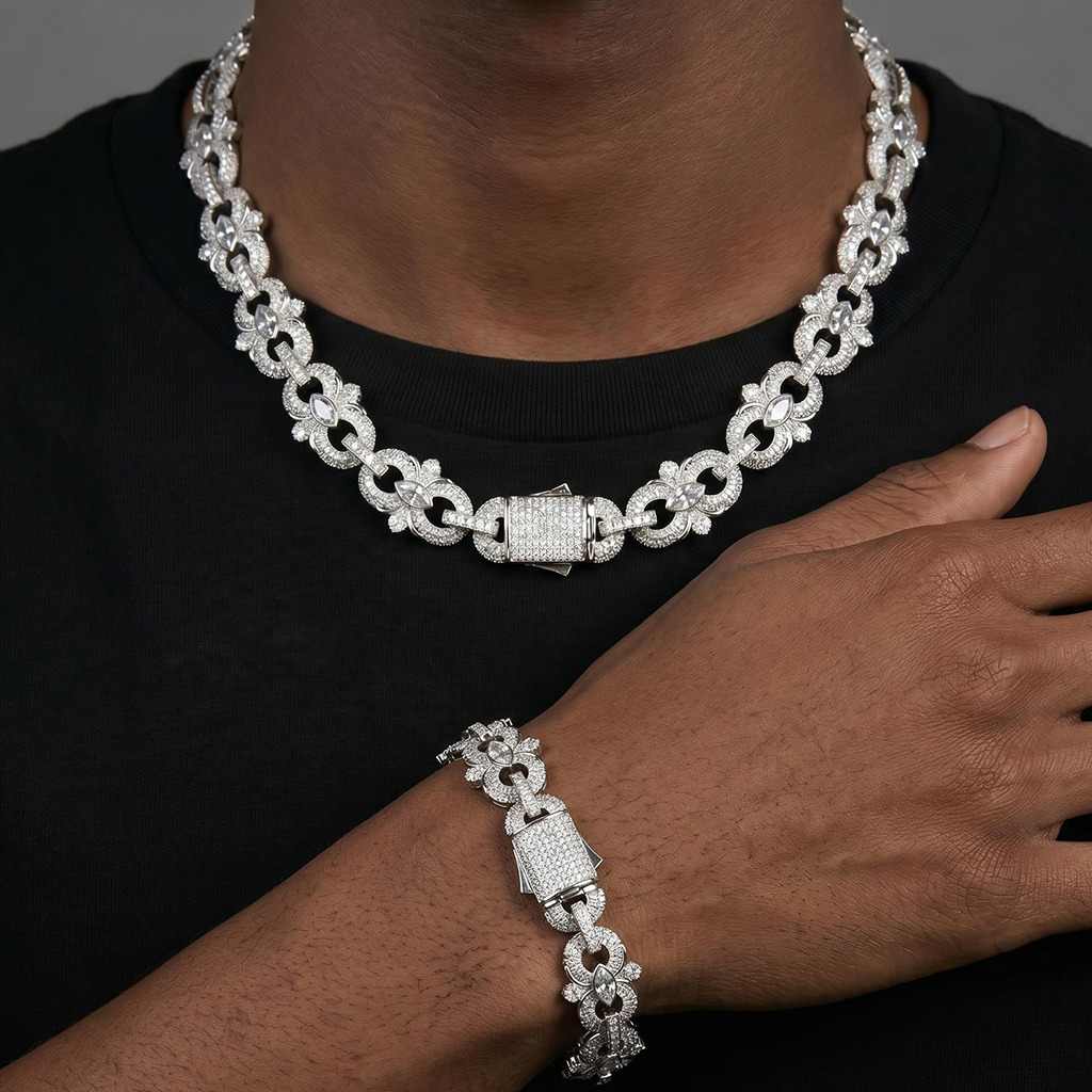 16mm Iced Out Marquise-Cut Infinity Flower Chain and Bracelet Set