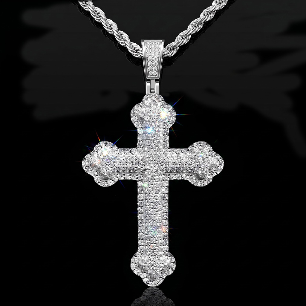 925 Silver & VVS1 Moissanite Paved Mosaic Cross Pendant 925 Silver & VVS1 Moissanite Paved Mosaic Cross Pendant