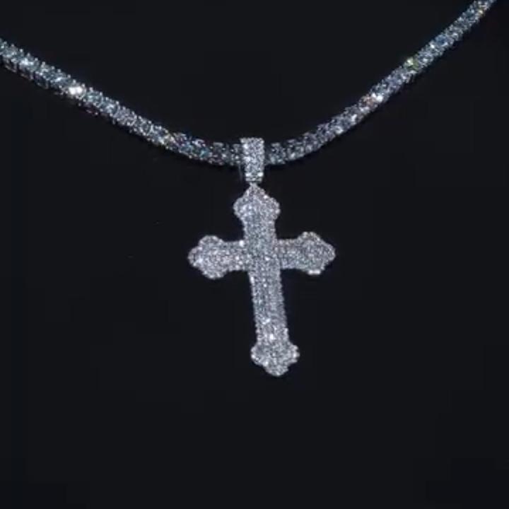 925 Silver & VVS1 Moissanite Paved Mosaic Cross Pendant