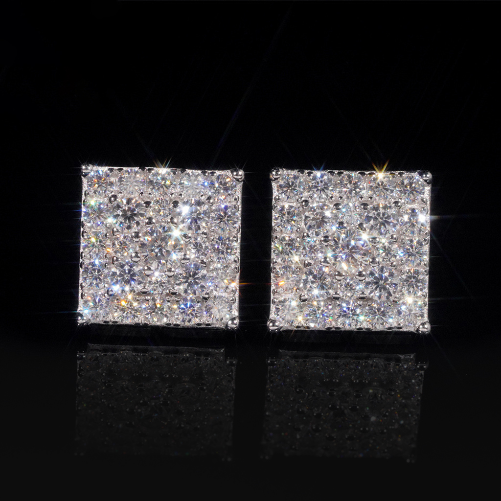 925S & VVS Moissanite Round Cut Square Stud Earrings