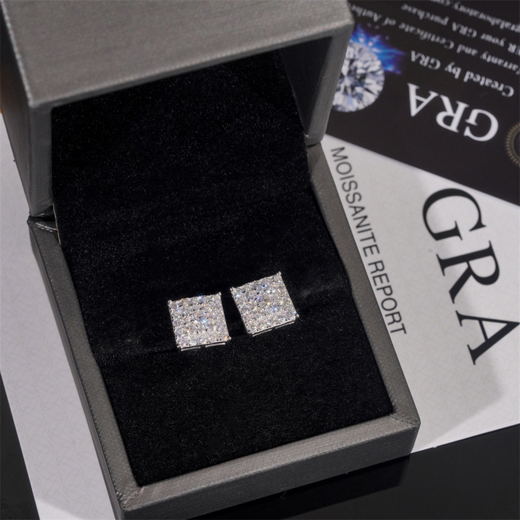 925S & VVS Moissanite Round Cut Square Stud Earrings