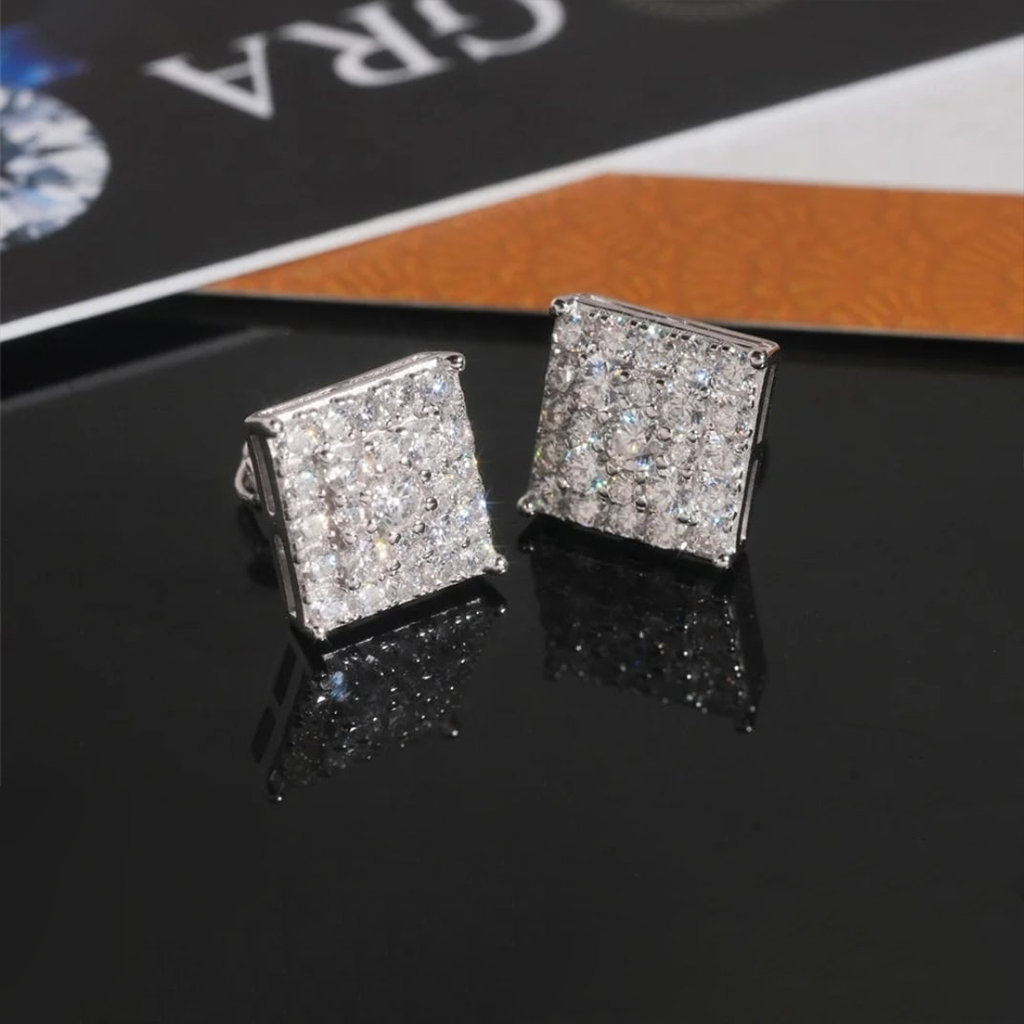 925S & VVS Moissanite Round Cut Square Stud Earrings