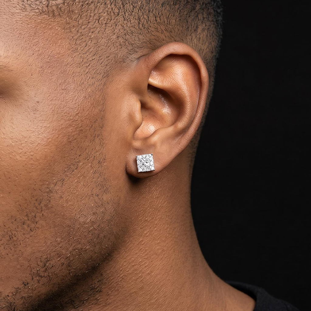 925S & VVS Moissanite Round Cut Square Stud Earrings