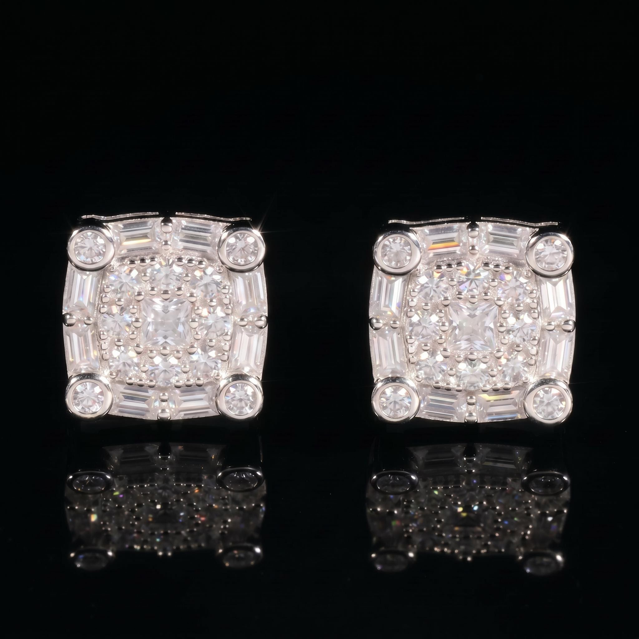 925 Silver & VVS1 Moissanite Round&Baguette&Princess Cut Earrings 925 Silver & VVS1 Moissanite Round&Baguette&Princess Cut Earrings
