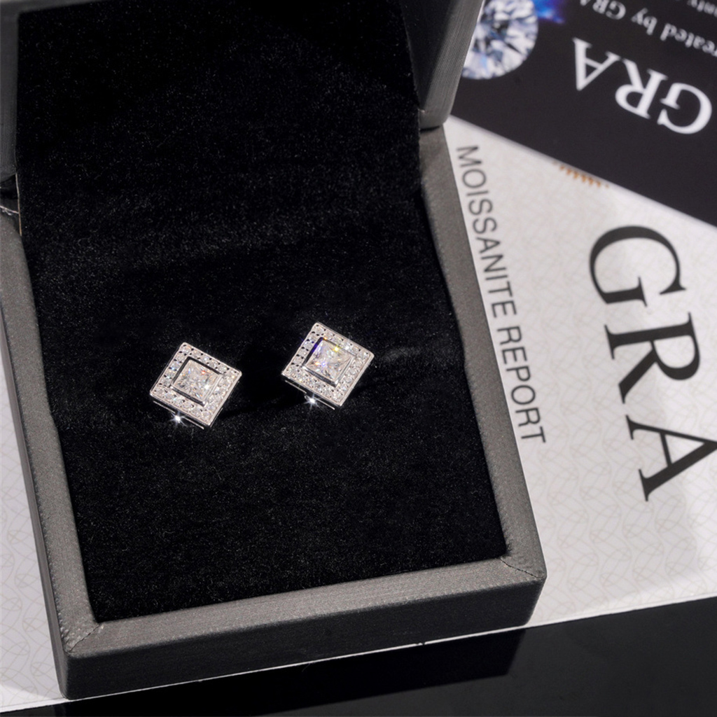 925S & VVS Moissanite Princess-Cut Square Halo Earrings