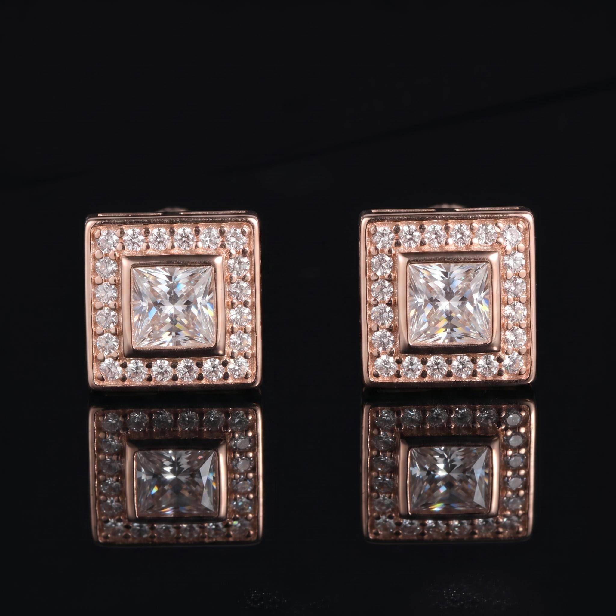 925S & VVS Moissanite Princess-Cut Square Halo Earrings