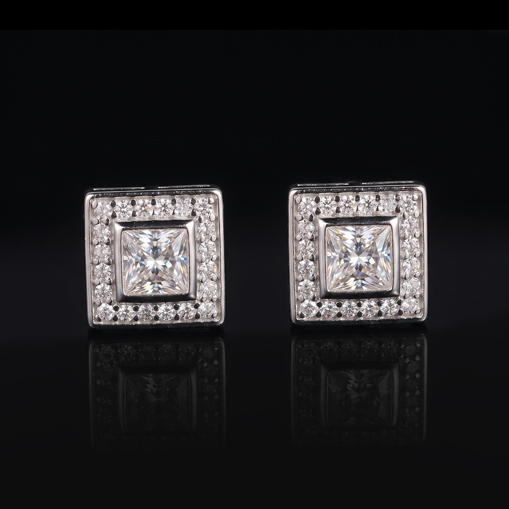 925S & VVS Moissanite Princess-Cut Square Halo Earrings