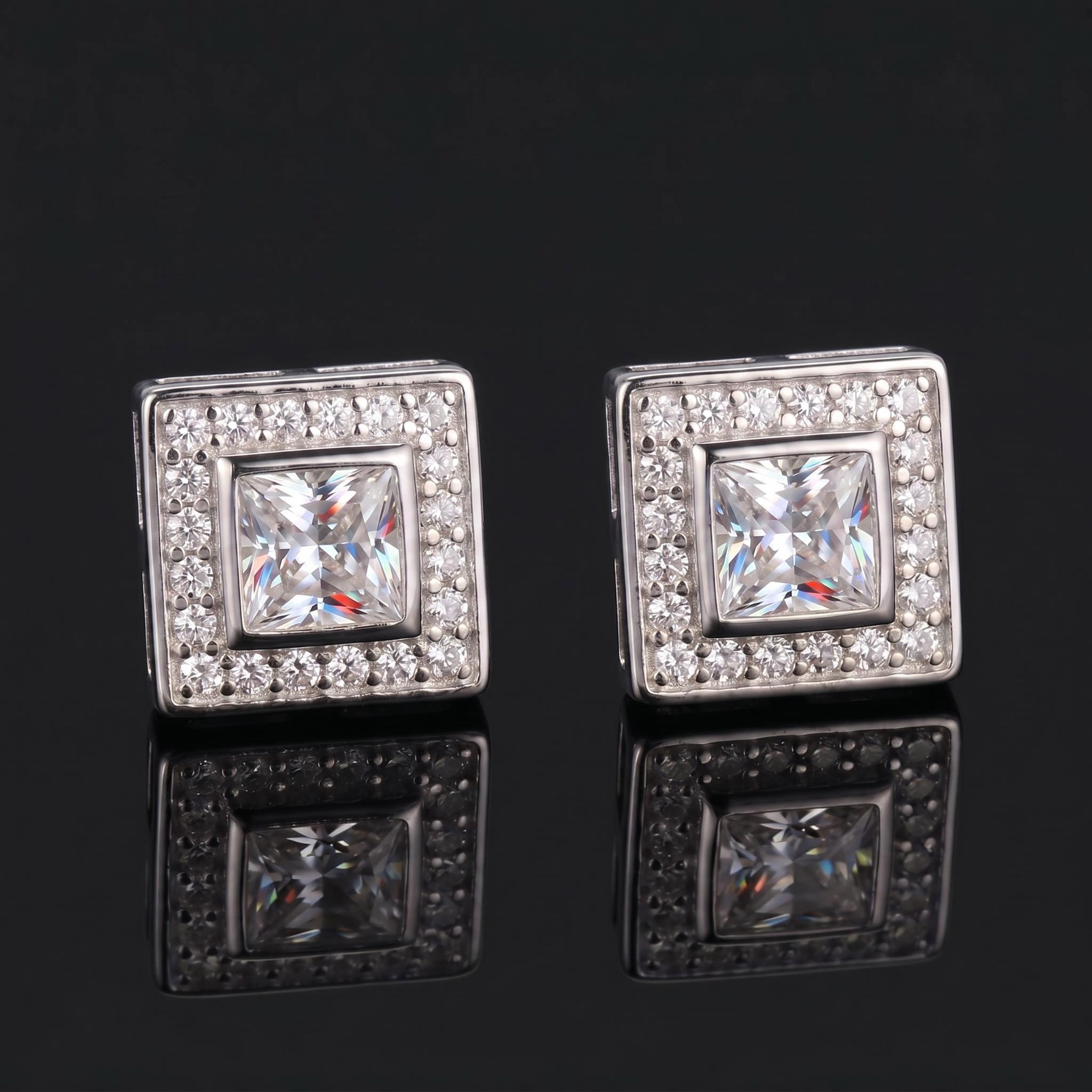 925 Silver & VVS1 Moissanite Princess-Cut Square Halo Earrings 925 Silver & VVS1 Moissanite Princess-Cut Square Halo Earrings