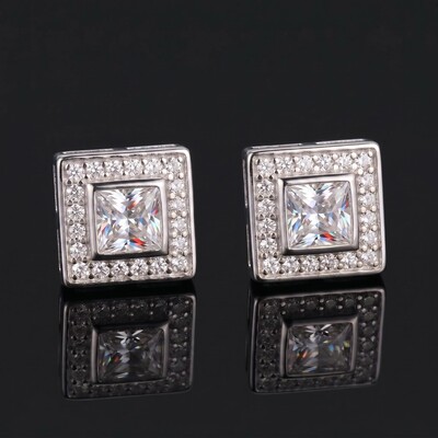 925 Silver & VVS1 Moissanite Princess-Cut Square Halo Earrings