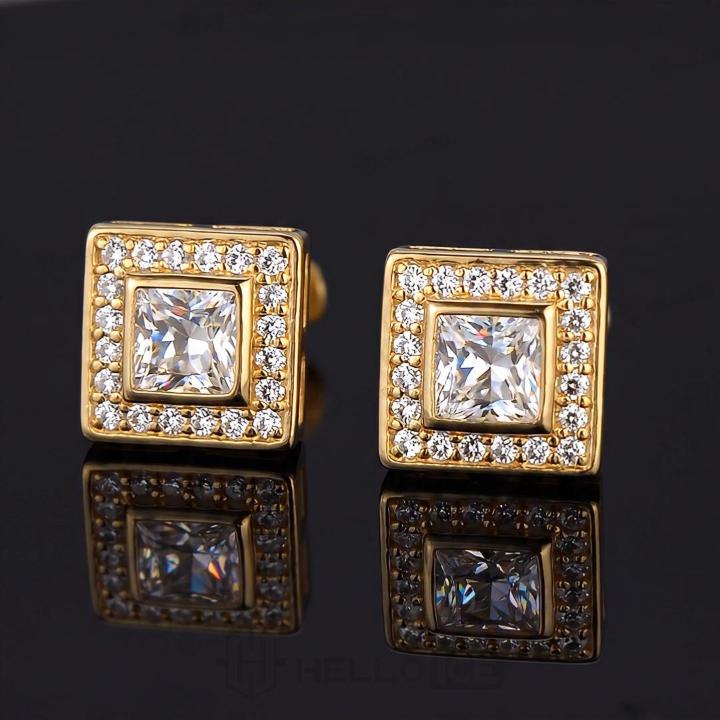 925 Silver & VVS1 Moissanite Princess-Cut Square Halo Earrings 925 Silver & VVS1 Moissanite Princess-Cut Square Halo Earrings