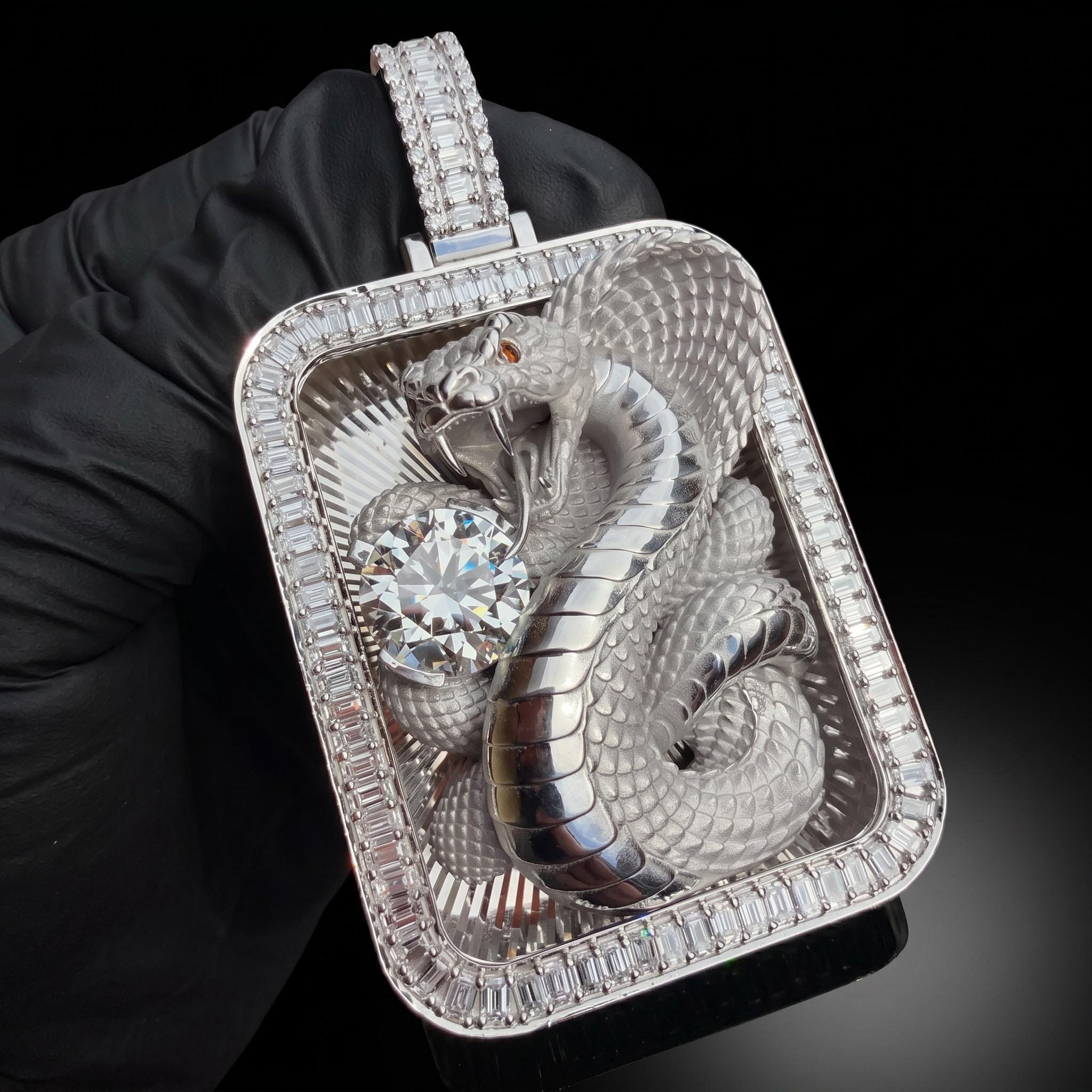 Iced Out Baguette & Round Cut Cobra Snake Pendant Iced Out Baguette & Round Cut Cobra Snake Pendant
