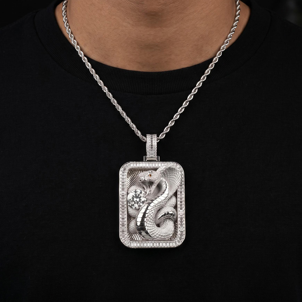 Iced Out Baguette & Round Cut Cobra Snake Pendant Iced Out Baguette & Round Cut Cobra Snake Pendant