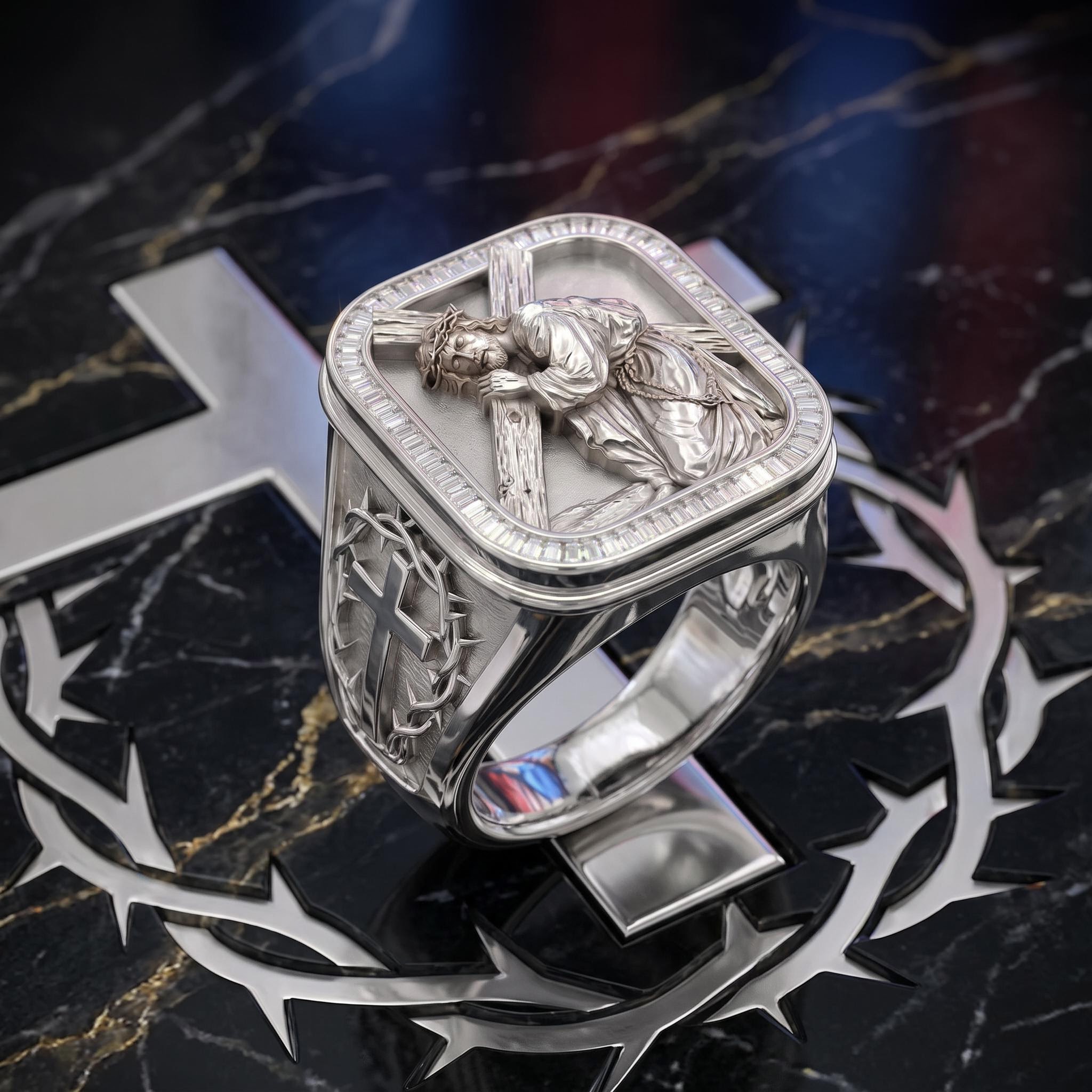 Iced Out Baguette Cut Jesus Ring Iced Out Baguette Cut Jesus Ring