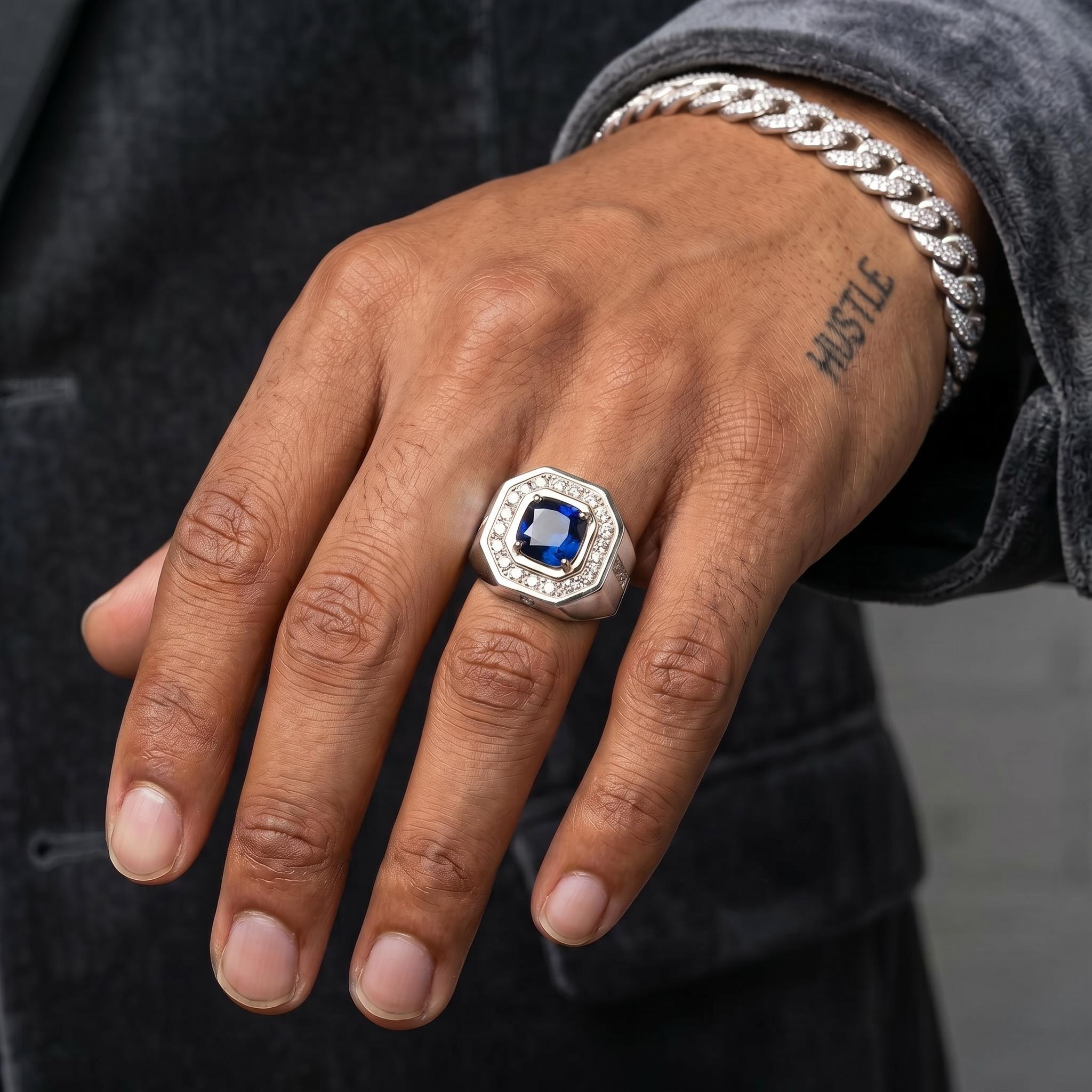 Iced Out Blue Sapphire Halo Signet Ring Iced Out Blue Sapphire Halo Signet Ring