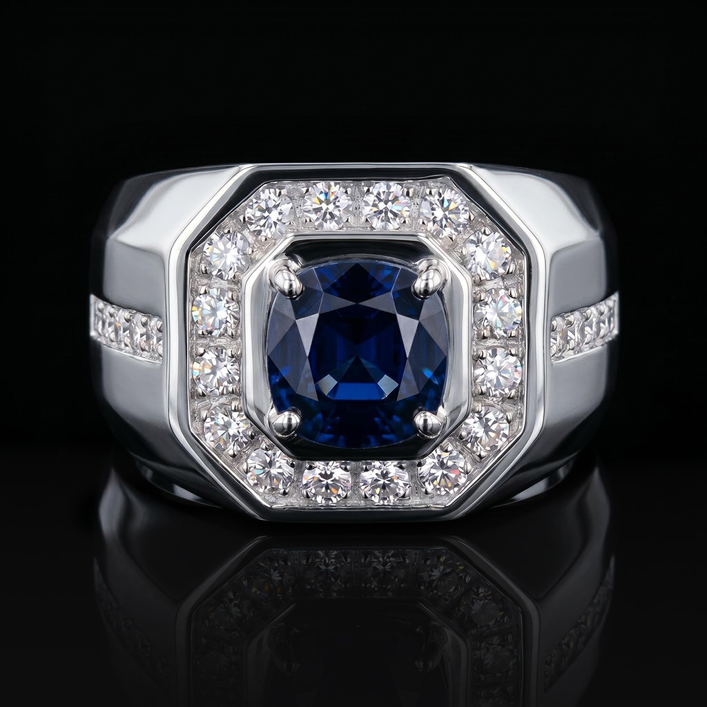 Iced Out Blue Sapphire Halo Signet Ring Iced Out Blue Sapphire Halo Signet Ring