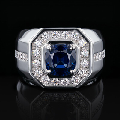 Iced Out Blue Sapphire Halo Signet Ring