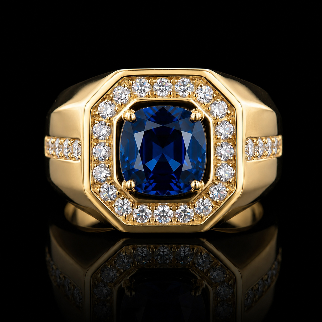 Iced Out Blue Sapphire Halo Signet Ring Iced Out Blue Sapphire Halo Signet Ring