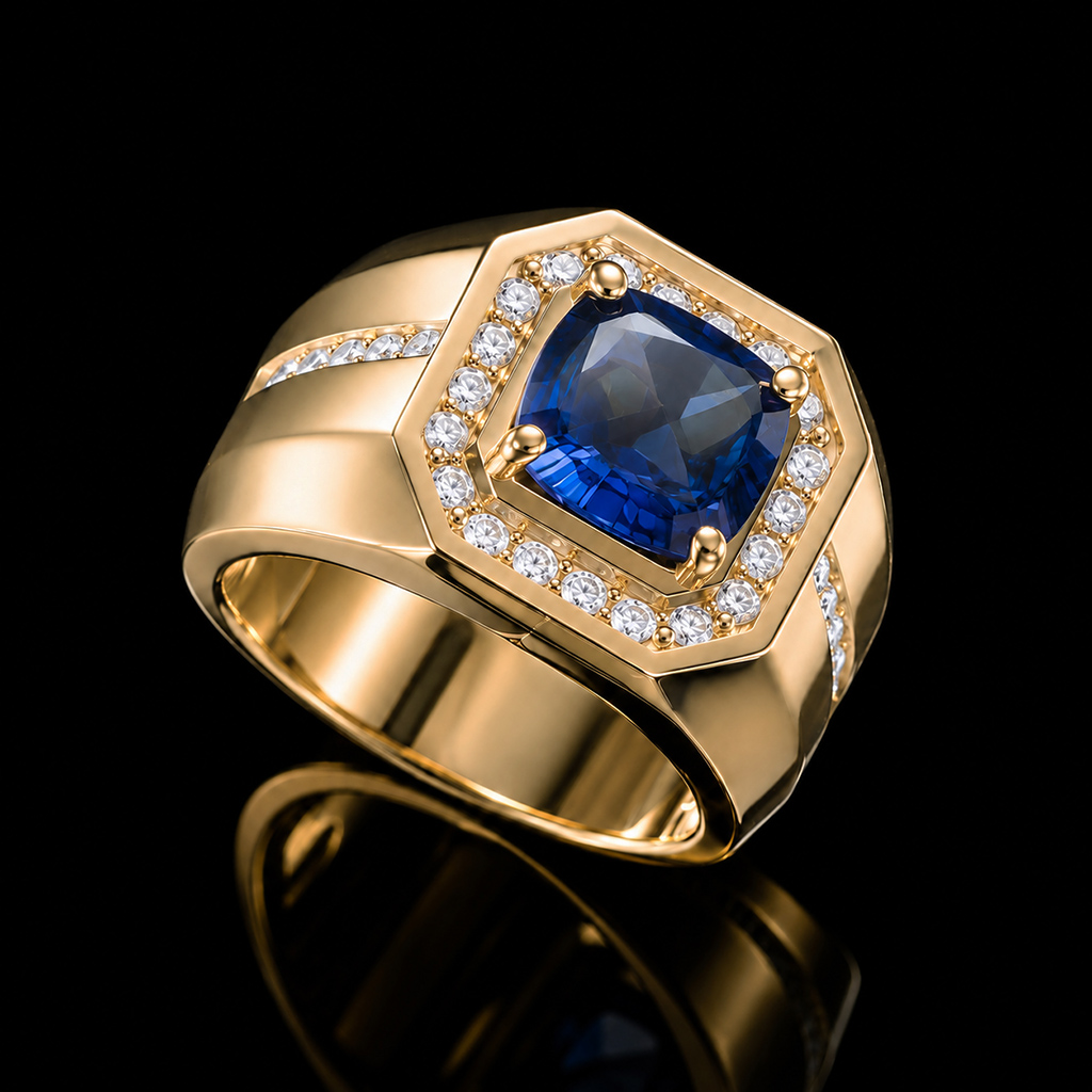 Iced Out Blue Sapphire Halo Signet Ring Iced Out Blue Sapphire Halo Signet Ring