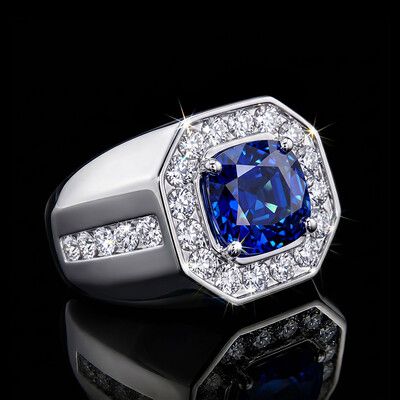 Iced Out Blue Sapphire Halo Signet Ring