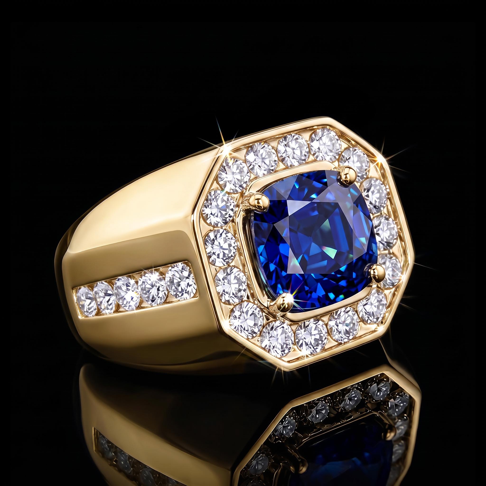 Iced Out Blue Sapphire Halo Signet Ring Iced Out Blue Sapphire Halo Signet Ring