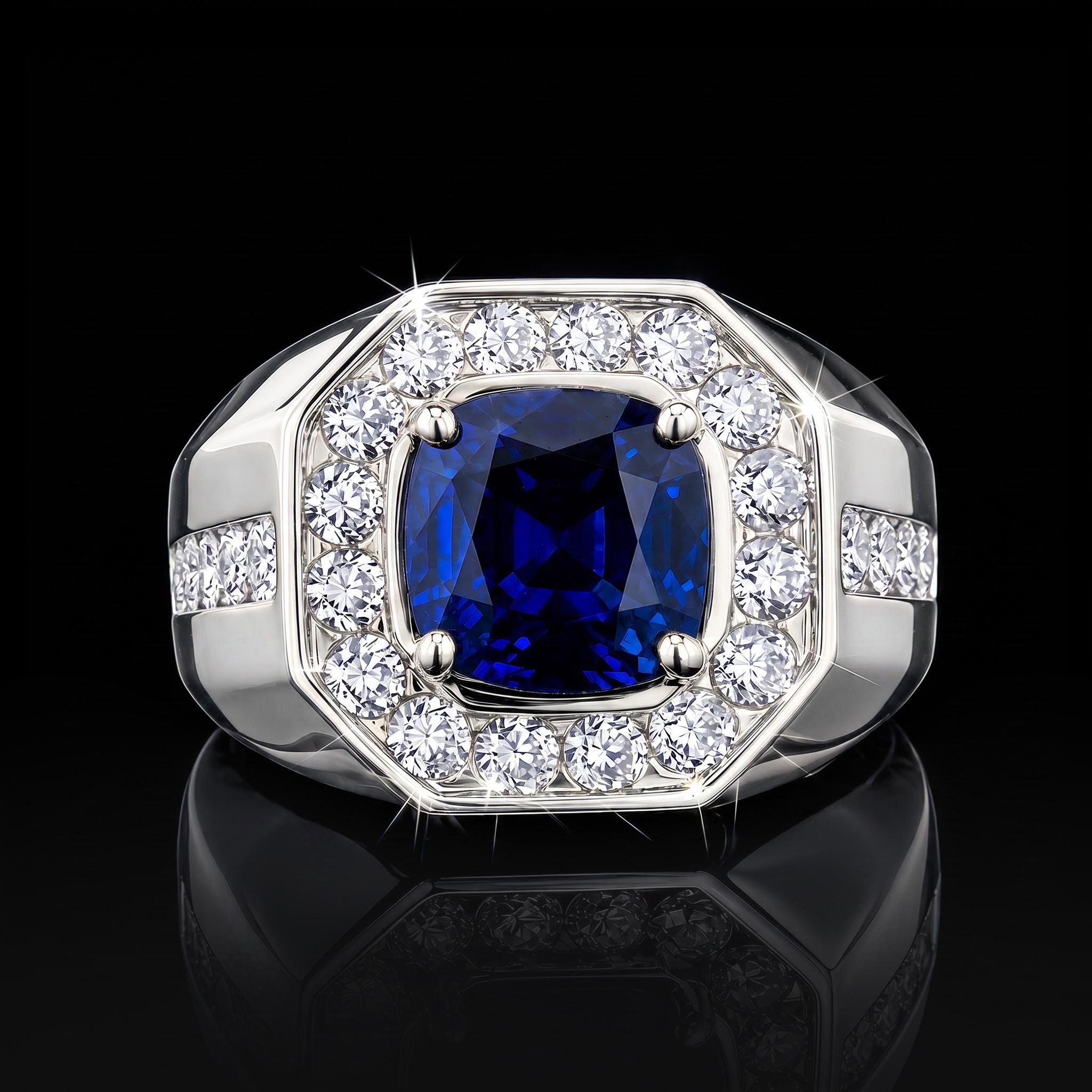 Iced Out Blue Sapphire Halo Signet Ring Iced Out Blue Sapphire Halo Signet Ring