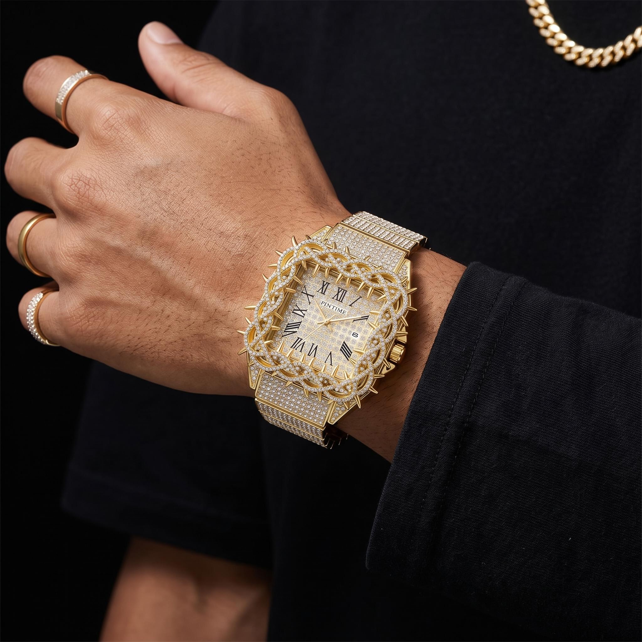 Iced Out Thorn Square Bezel Quartz Watch in Gold