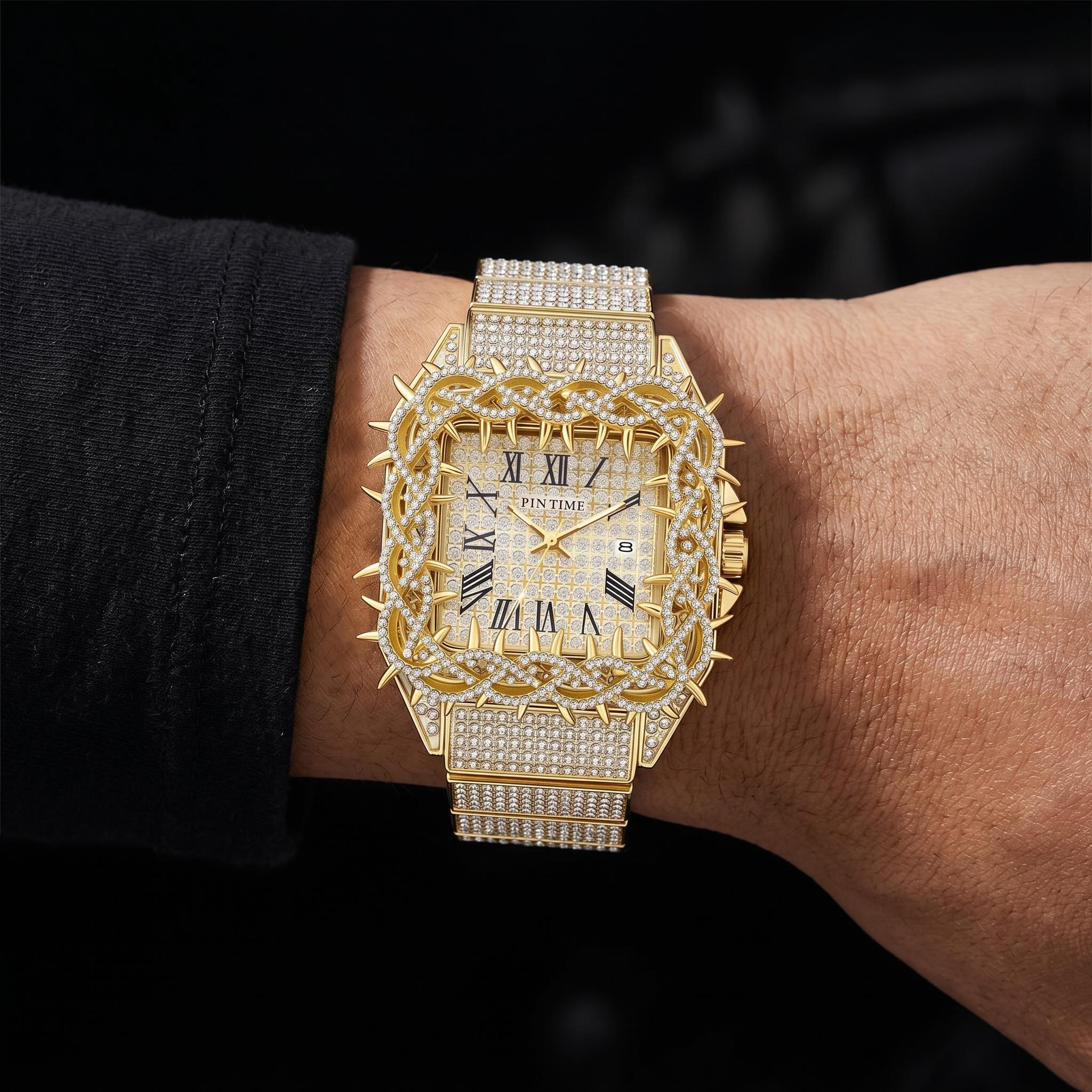 Iced Out Thorn Square Bezel Quartz Watch in Gold