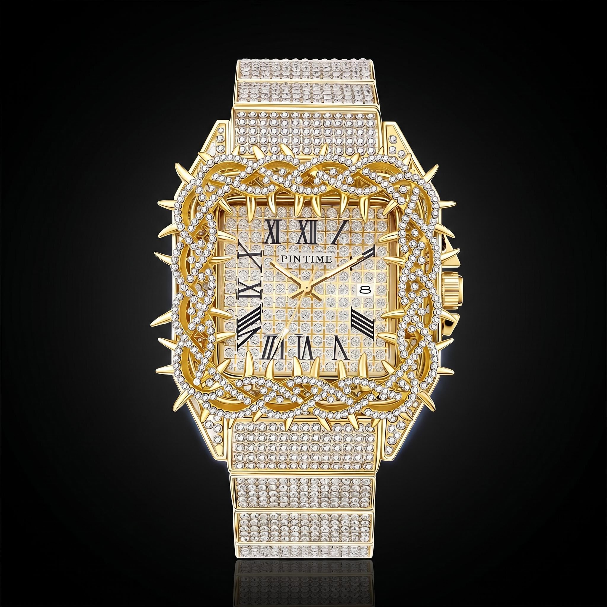 Iced Out Thorn Square Bezel Quartz Watch in Gold