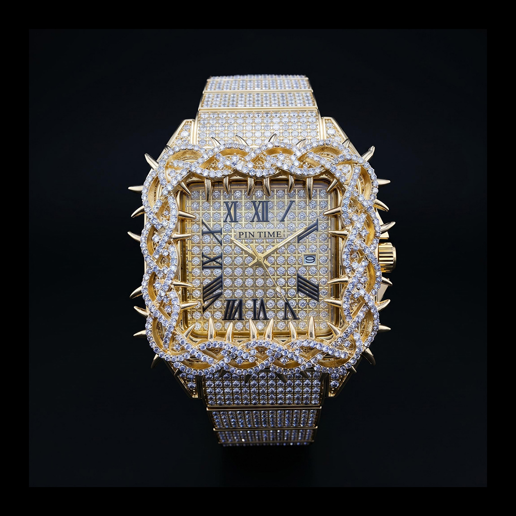 Iced Out Thorn Square Bezel Quartz Watch in Gold