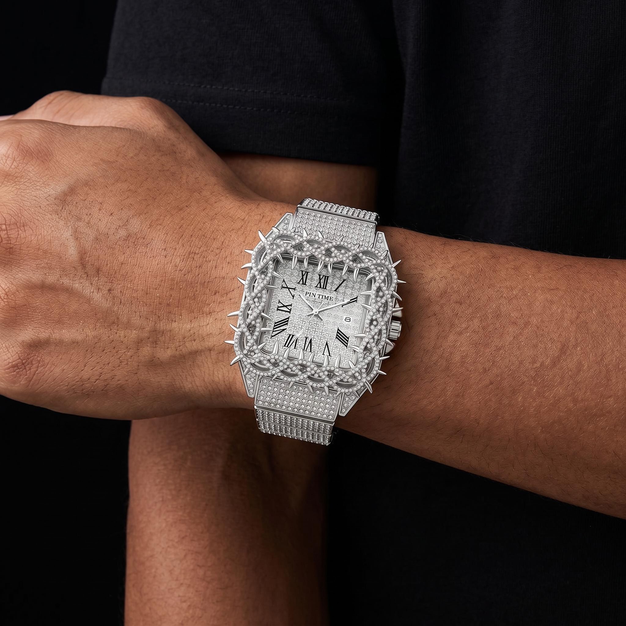 Iced Out Thorn Square Bezel Quartz Men's Watch in White Gold