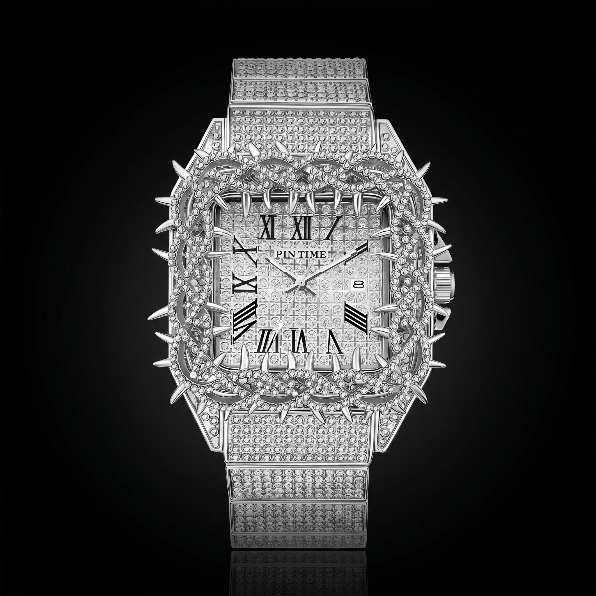 Iced Out Thorn Square Bezel Quartz Men's Watch in White Gold