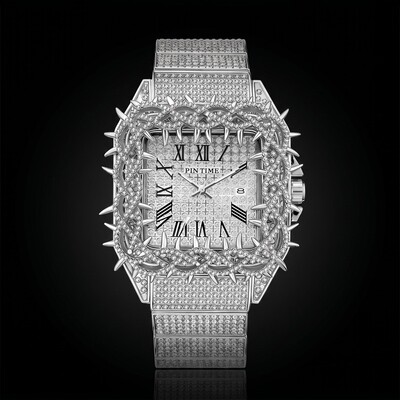 Iced Out Thorn Square Bezel Quartz Men's Watch in White Gold