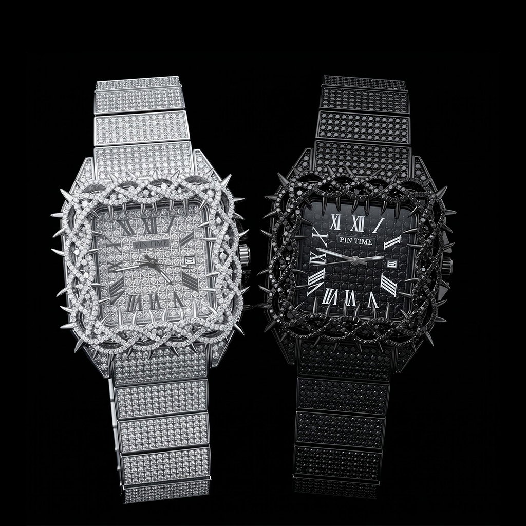 Iced Out Thorn Square Bezel Quartz Men's Watch in White Gold
