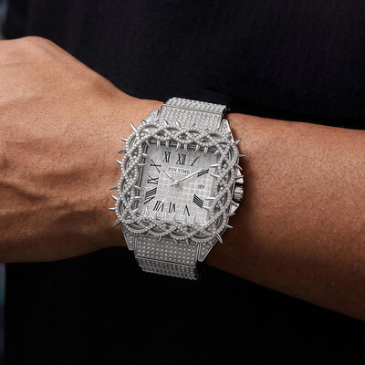 Iced Out Thorn Square Bezel Quartz Men's Watch in White Gold