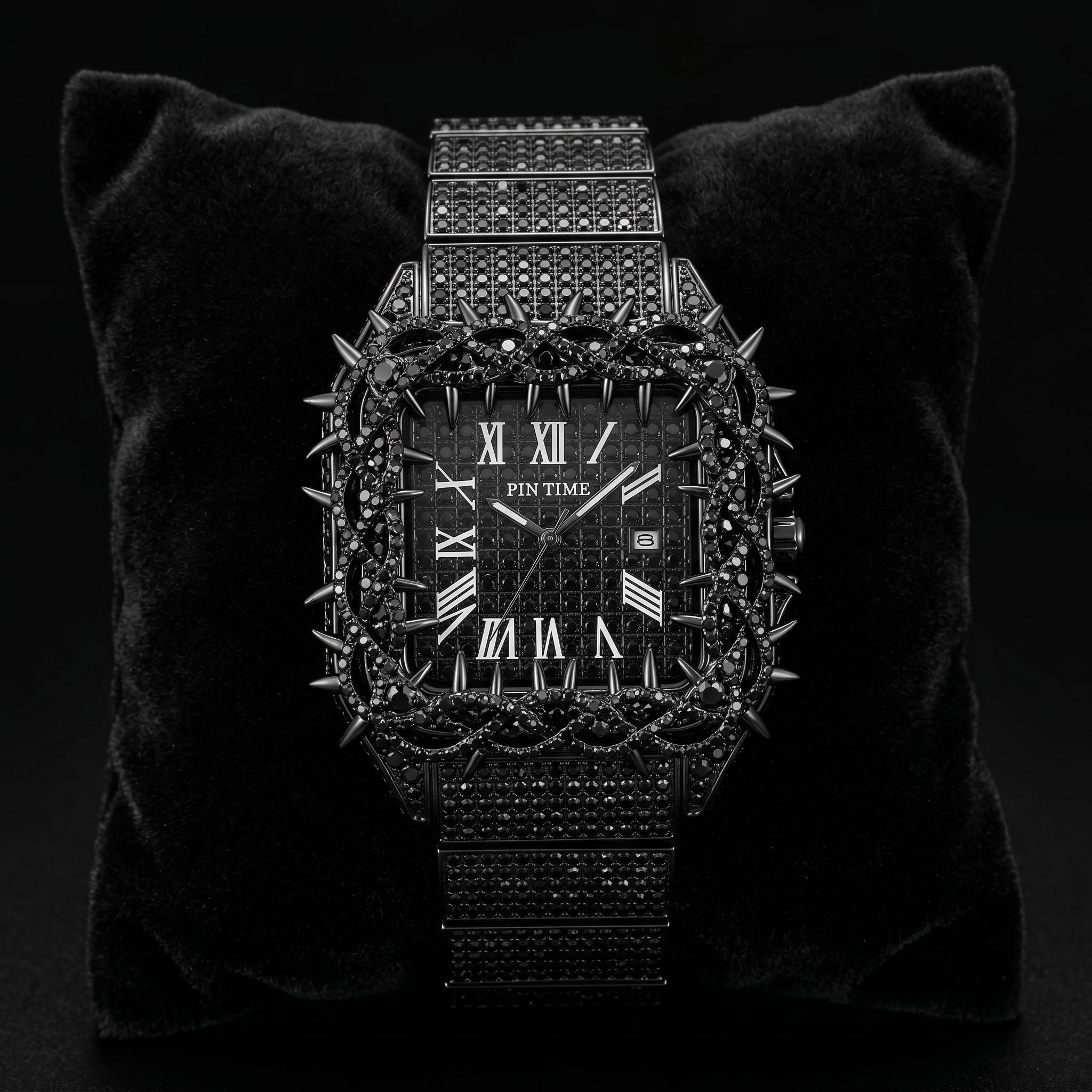 Iced Out Thorn Square Bezel Quartz Watch in Black Gold