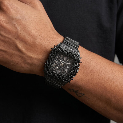 Iced Out Thorn Square Bezel Quartz Watch in Black Gold