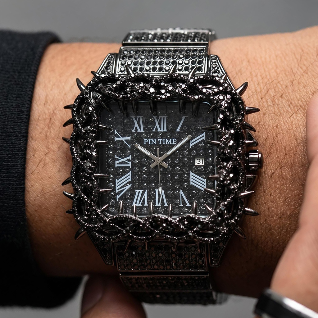 Iced Out Thorn Square Bezel Quartz Watch in Black Gold