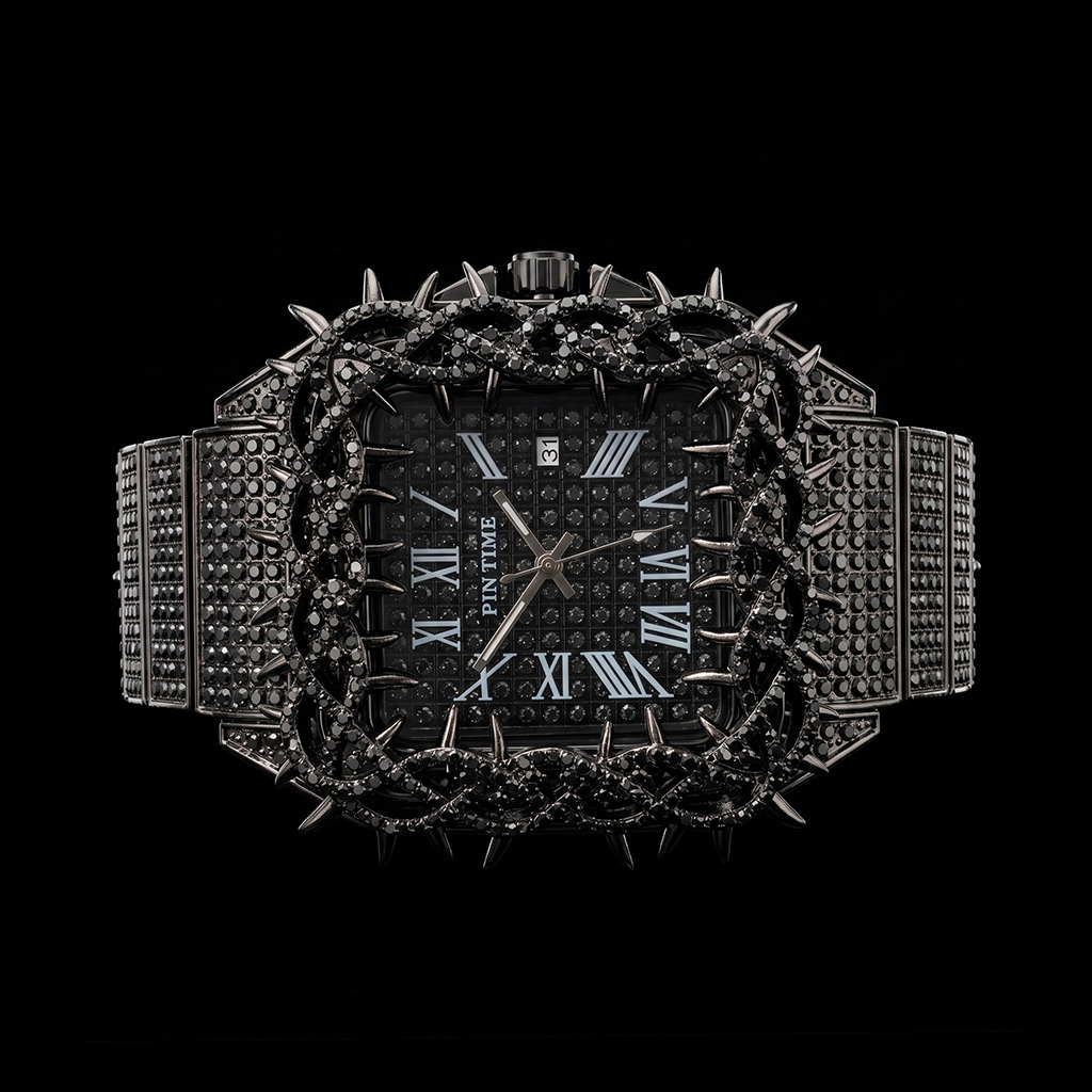 Iced Out Thorn Square Bezel Quartz Watch in Black Gold