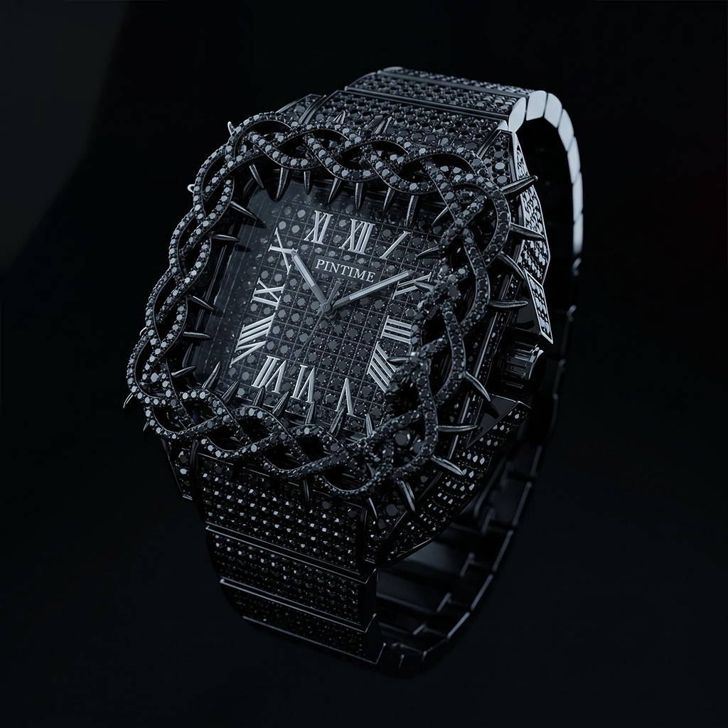 Iced Out Thorn Square Bezel Quartz Watch in Black Gold